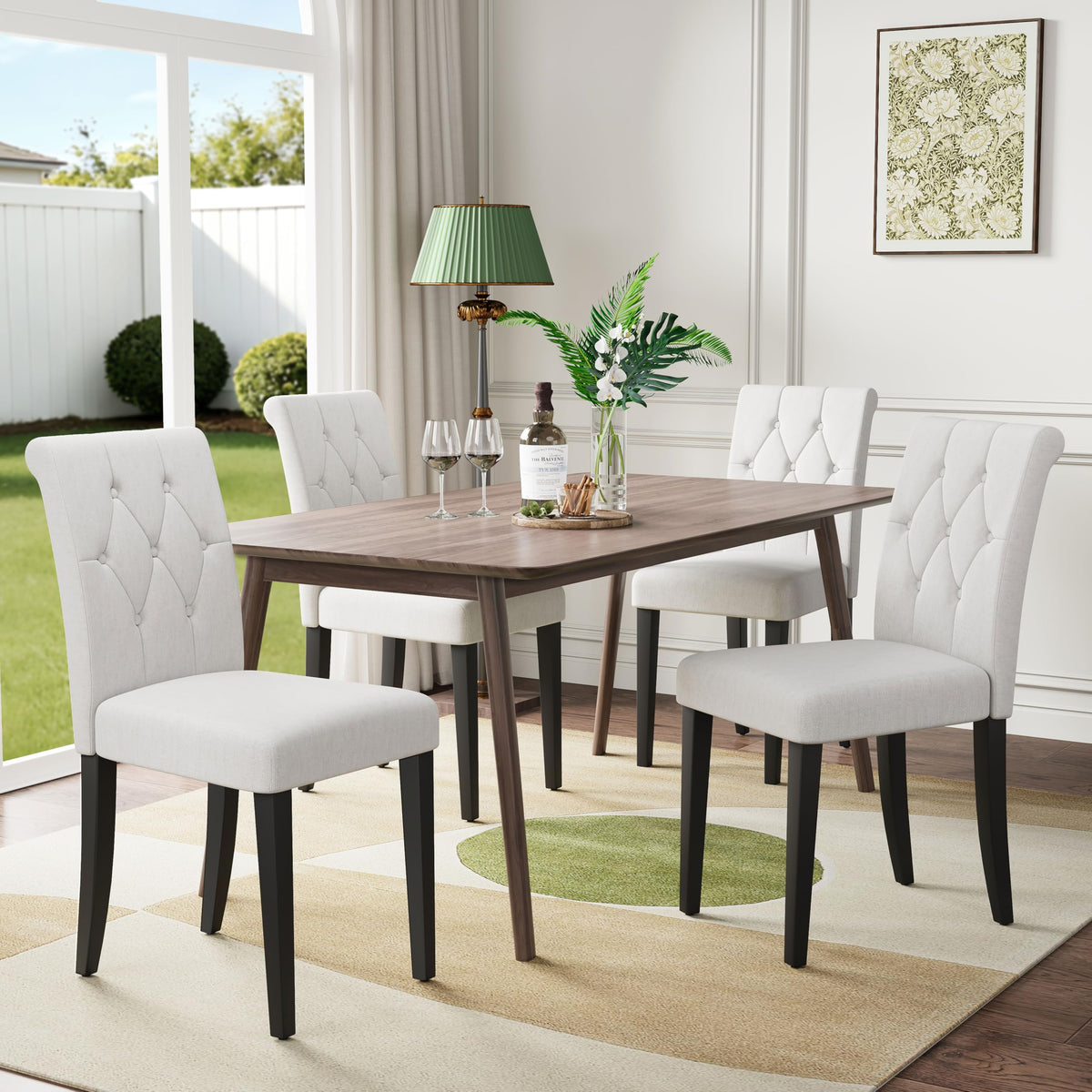 Upholstered Set of 4, Button Tufted Parsons Dining Chair with Solid Wood Legs, Modern Fabric Side Chair /Dining
