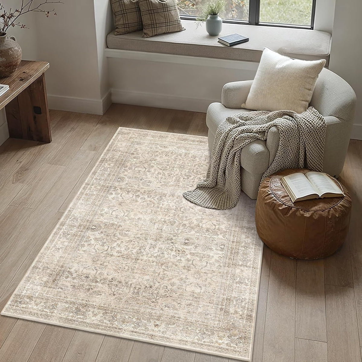 Washable Area Rugs Vintage Floral Non Slip Entryway Rug Beige