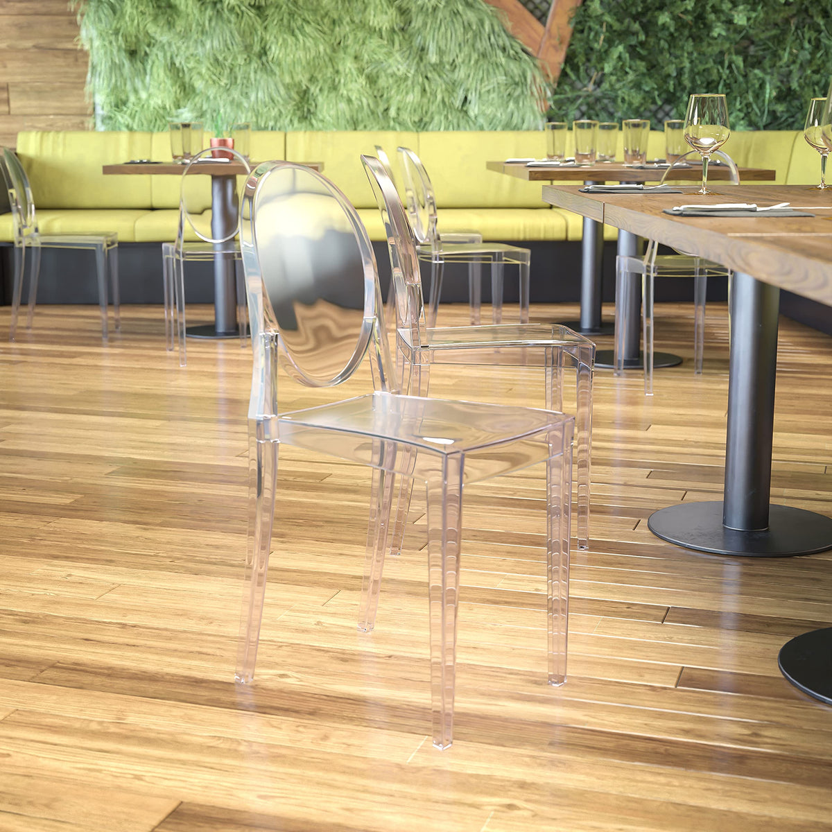 Cheryl Indoor/Outdoor Ghost Accent and Dining Chair with Contoured Seat, Stackable Transparent Restaurant Chair