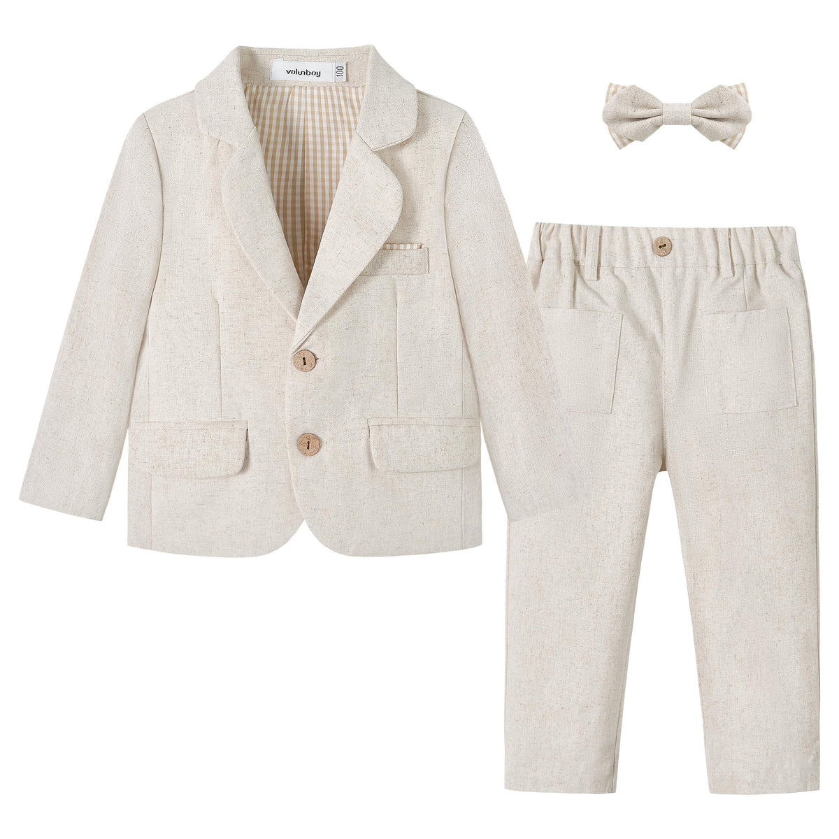 Toddler Suit Baby Boy 3 Piece Linen Tuxedo, BeigeWhite