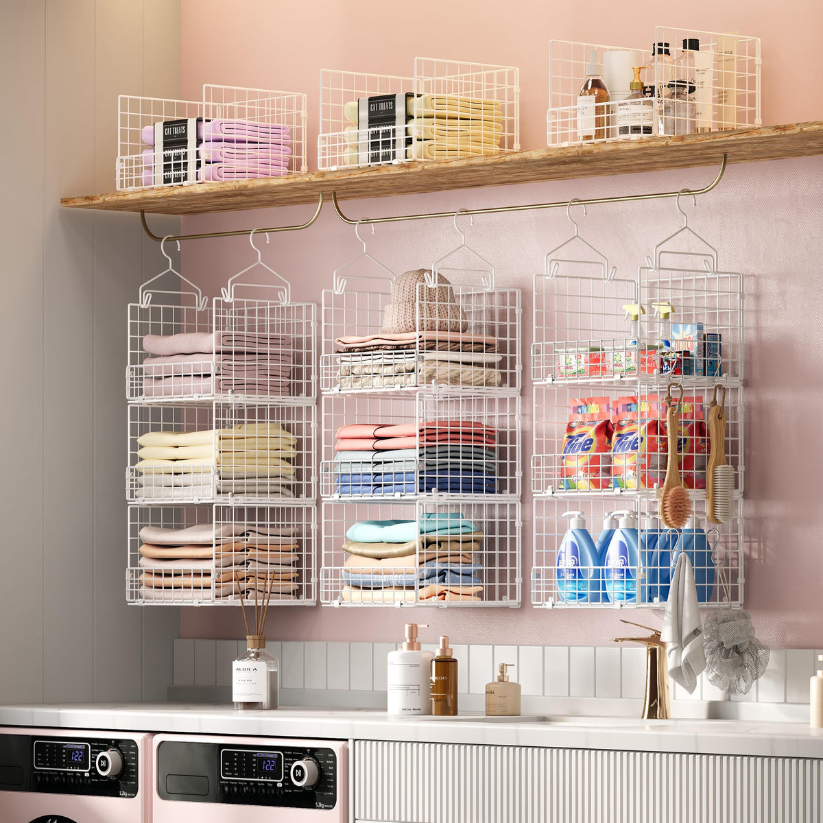 3-Tier Hanging Closet Organizer with 5 S Hooks, Closet Shelves for Clothes, Shoes, Handbags, Accessories, Hanging