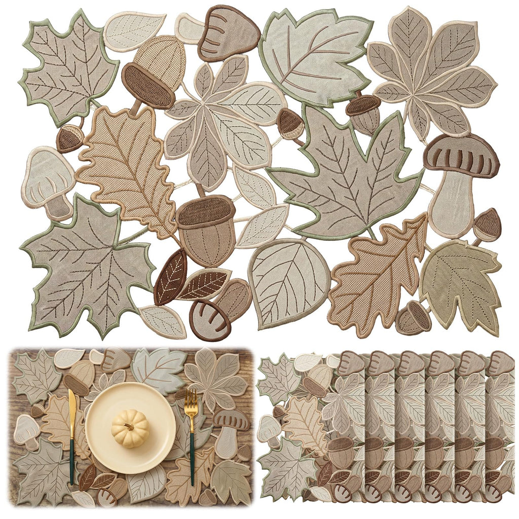 Fall Placemats Set of 6, Embroidered Maple Leaf Table Mats, 11 x 17 Inch