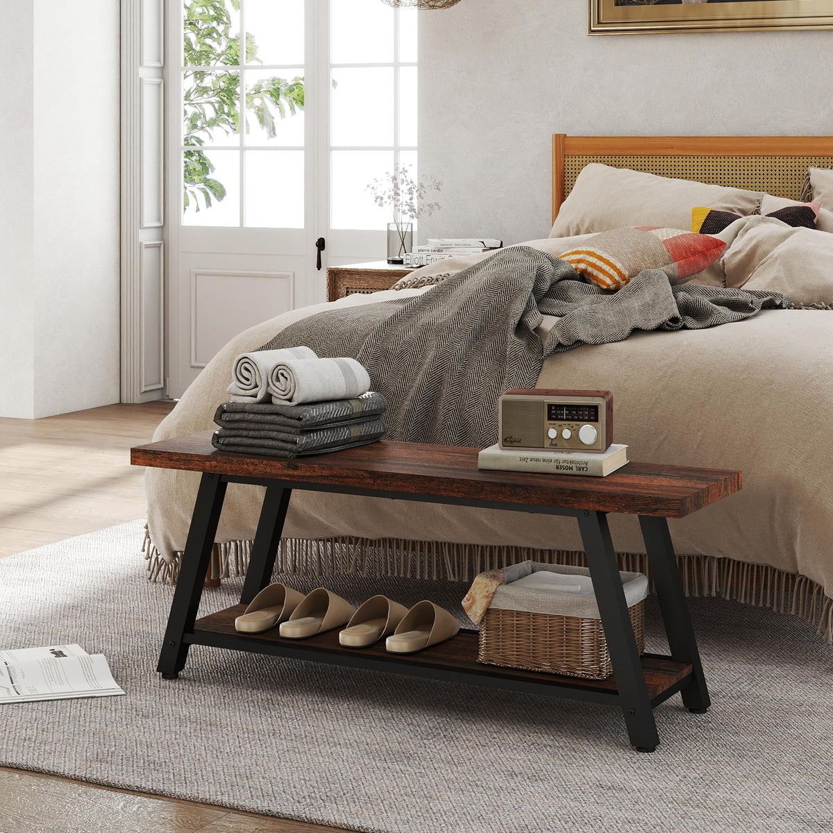 43" Farmhouse Entryway&End of Bed Wood Bench, Rustic Brown&Black