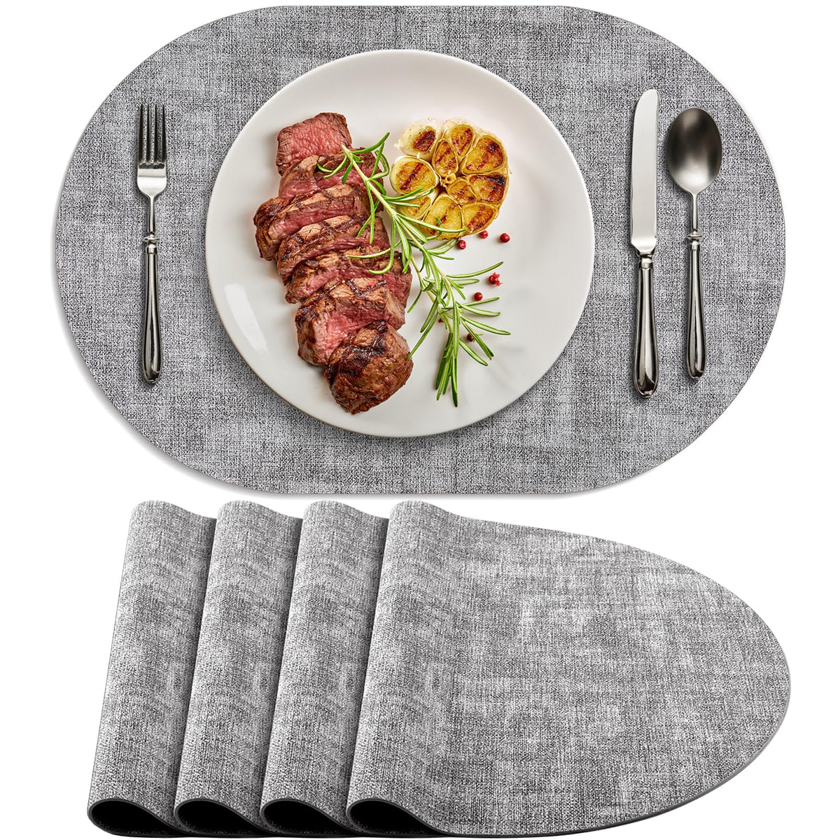 Faux Leather Oval Placemats Set of 4, Grey