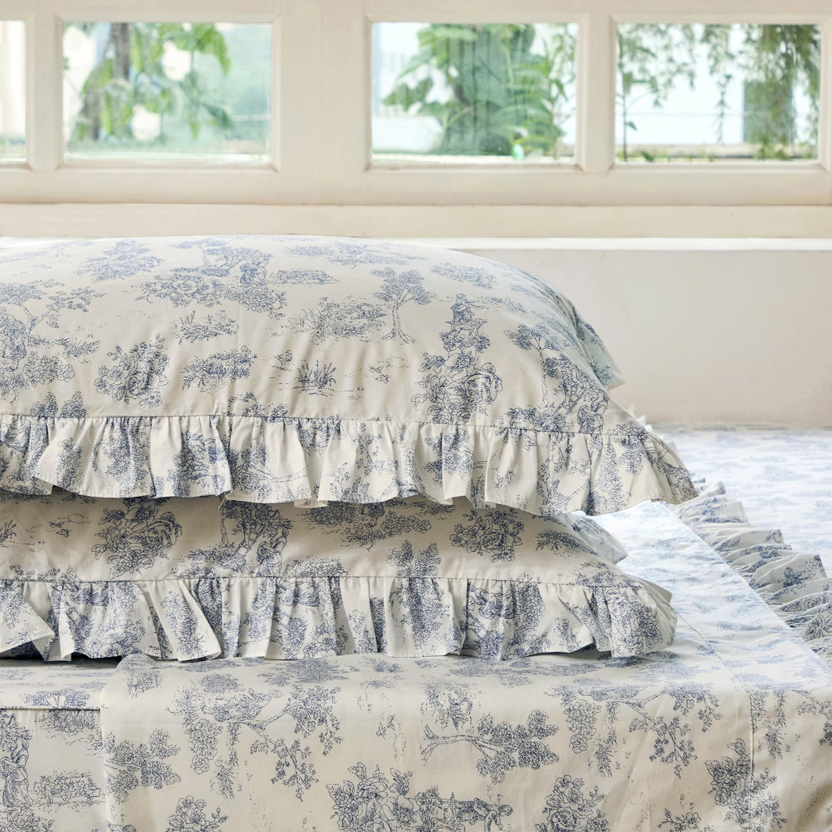 Organic Cotton Sheet Set - French Country Blue Toile de Jouy Bedding, Luxury Ruffle Edge Crisp & Cooling