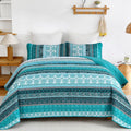 Boho King Quilt Set, 3 Pcs Teal Bedspread Covrtlet Set
