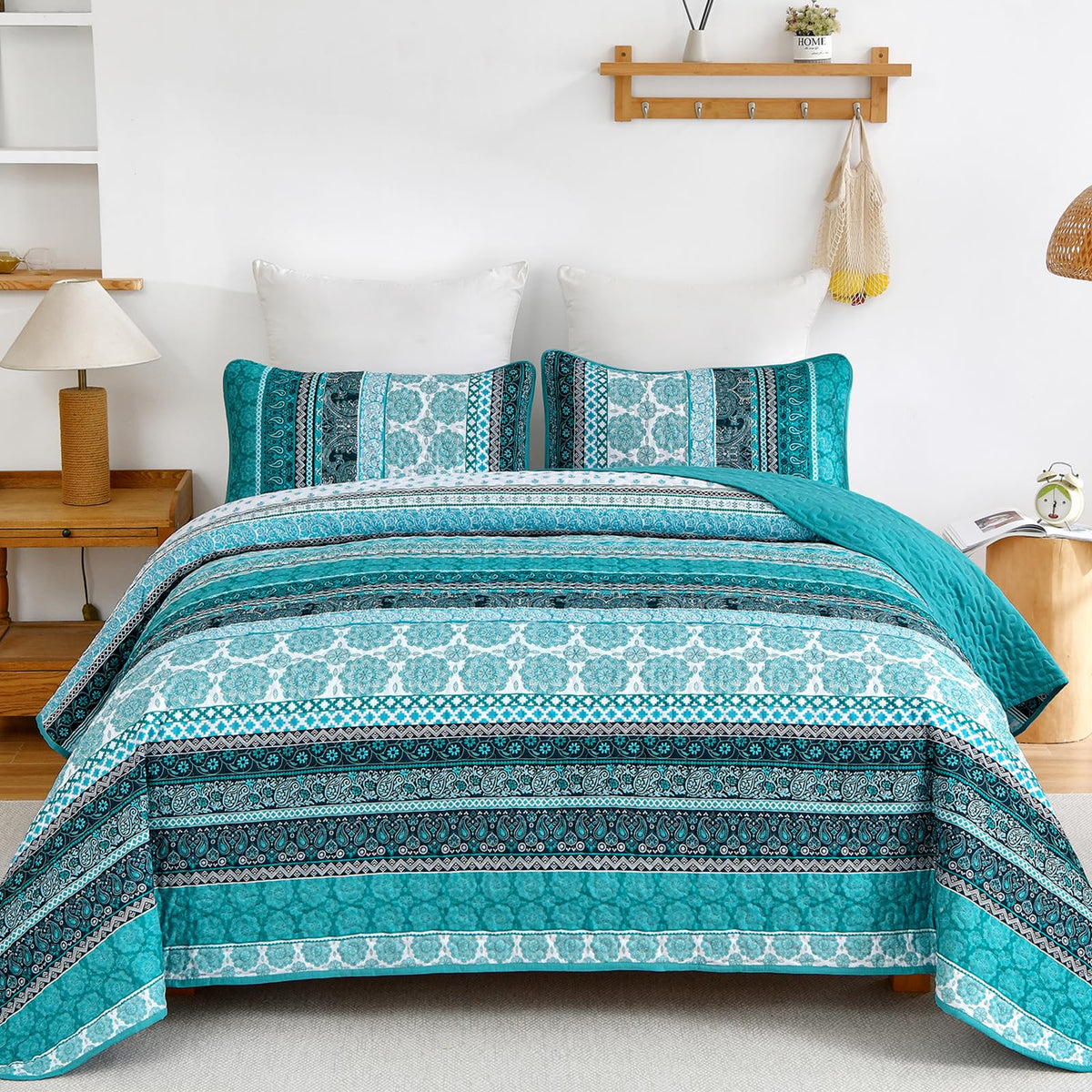 Boho King Quilt Set, 3 Pcs Teal Bedspread Covrtlet Set