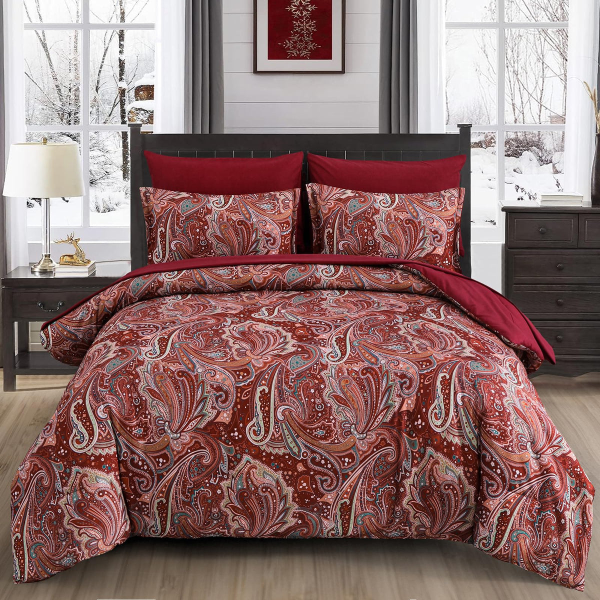 Red Paisley Comforter Set King Size 7 Piece Bed in a Bag