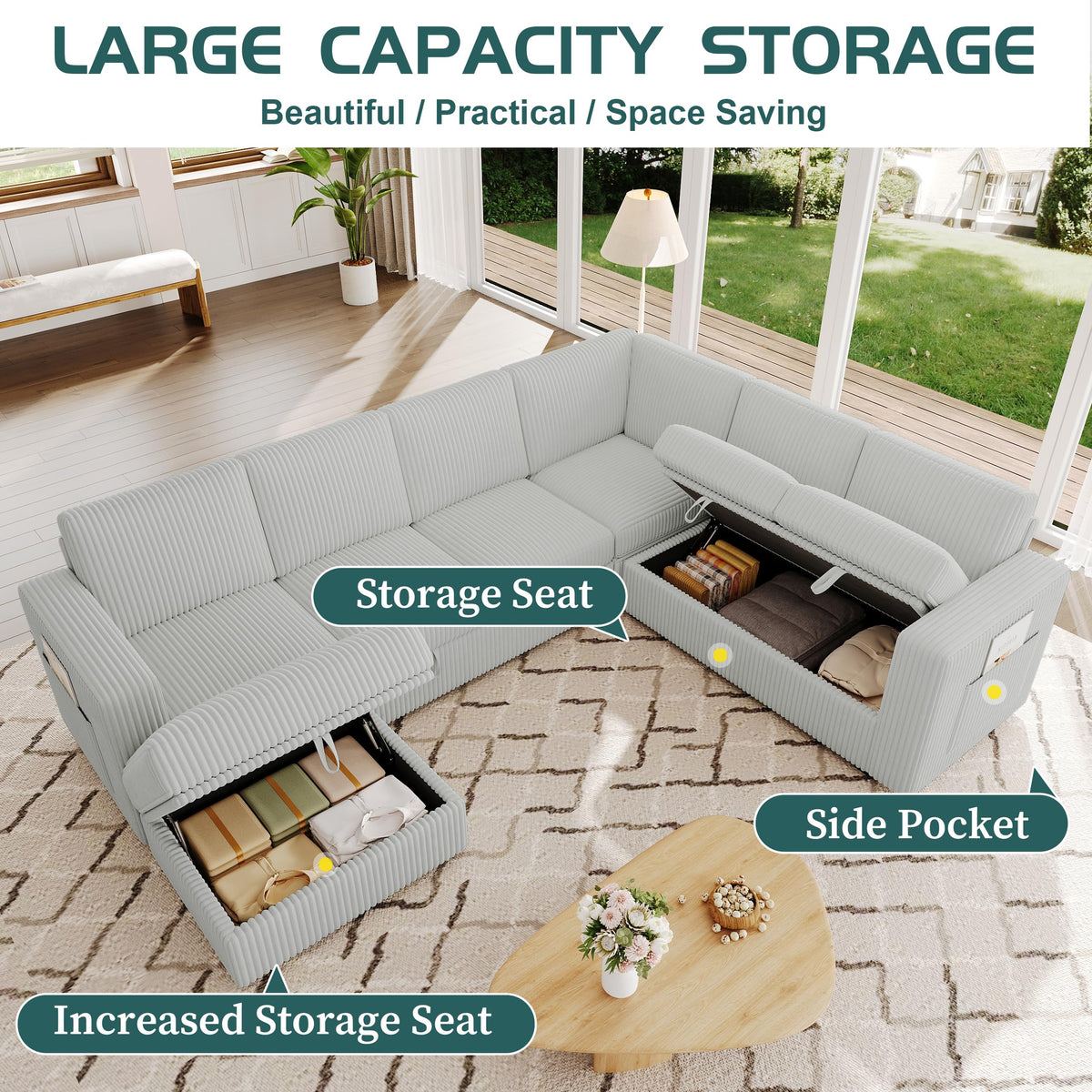 Sectional Sleeper Sofa, Pull Out Couch with Storage, Pale Gray, 7 Seat