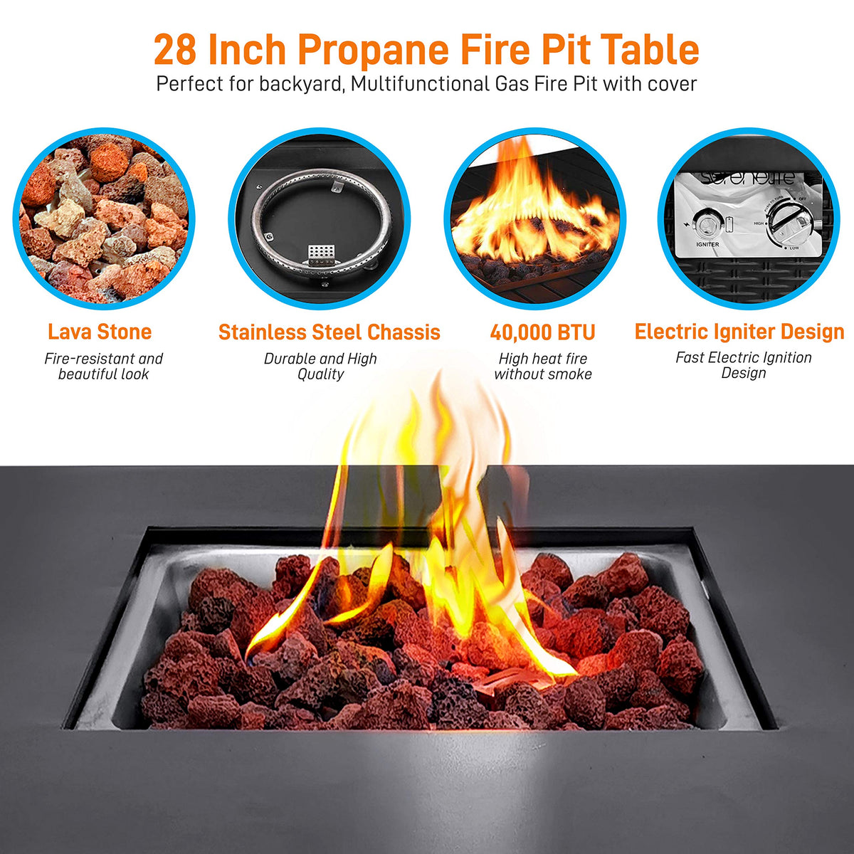 Outdoor Propane Fire Pit Table - CSA Approved Safe 40, 000 BTU Pulse Ignition Propane Gas Fire Table - Steel Tabletop