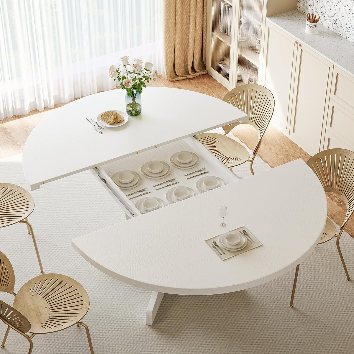 Inspired Saarinen Style 59" Round Extendable Dining Table for 4-6, Modern Kitchen Table with Heavy Duty Pedestal Base & Wooden Top, Oval