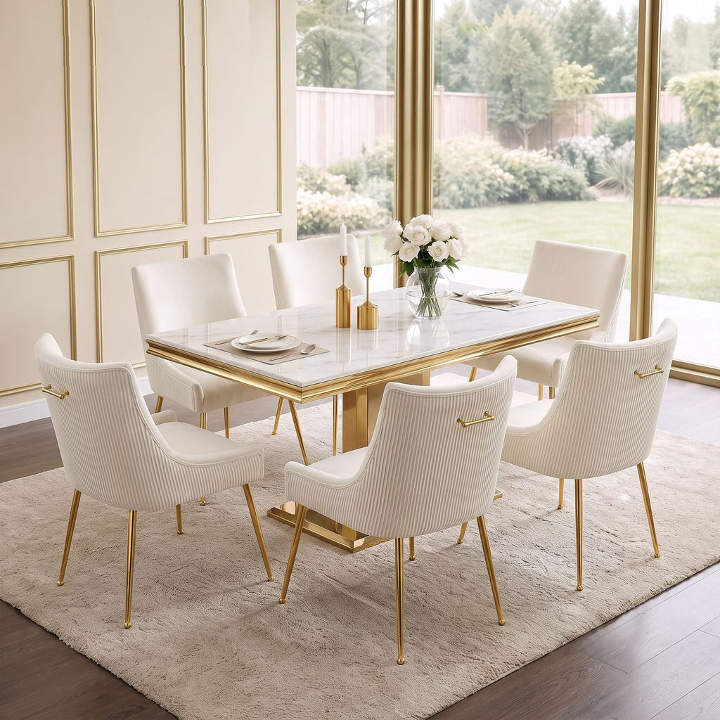 Velvet Dining Chairs Set of 6 Gold Legs, Upholstered Velvet Accent Chairs, Pleated Back Design & Gold Pull Handle, Mid