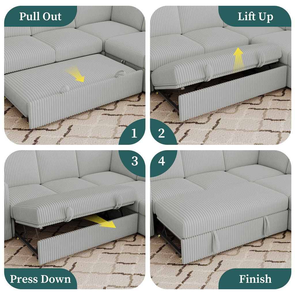 Sectional Sleeper Sofa, Pull Out Couch with Storage, Pale Gray, 7 Seat