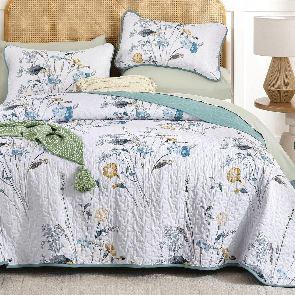 Teal Quilt Set Queen, Floral Boho Bedspread 3 Pieces
