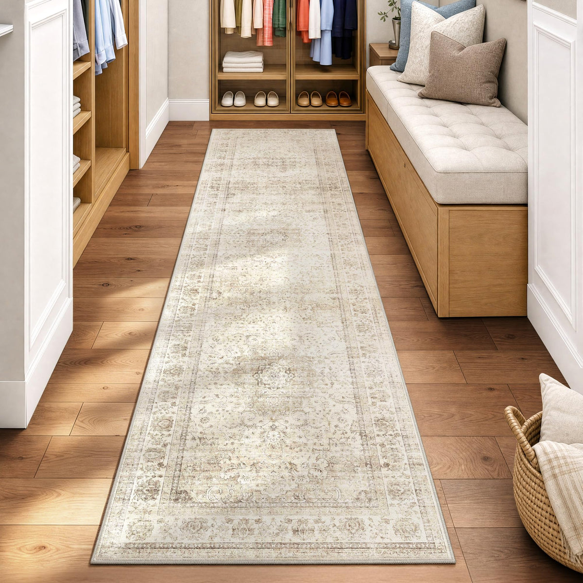 Beige Vintage Neutral Distressed Runner Rug
