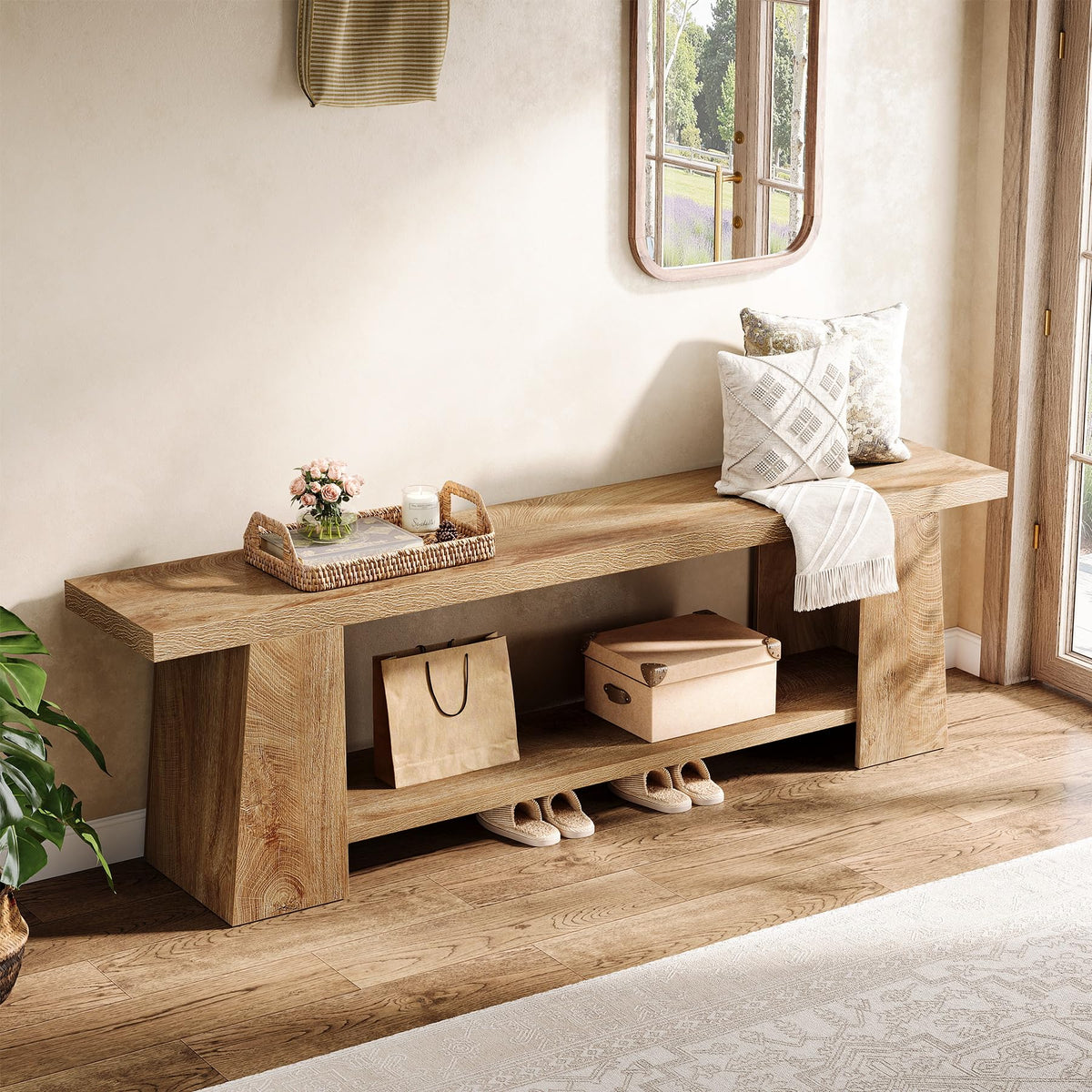 2-Tier Entryway Bench, 59-Inch Rustic Long Shoe Bench with Storage Shelves, Wood End of Bed Seat, Farmhouse Hallway