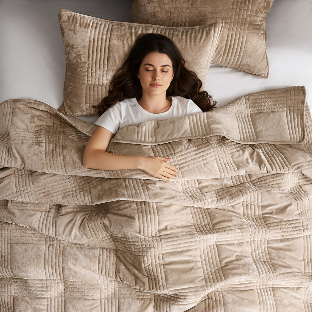 Velvet Quilt Set, Beige Khaki Tan Taupe Camel, 3 Pieces