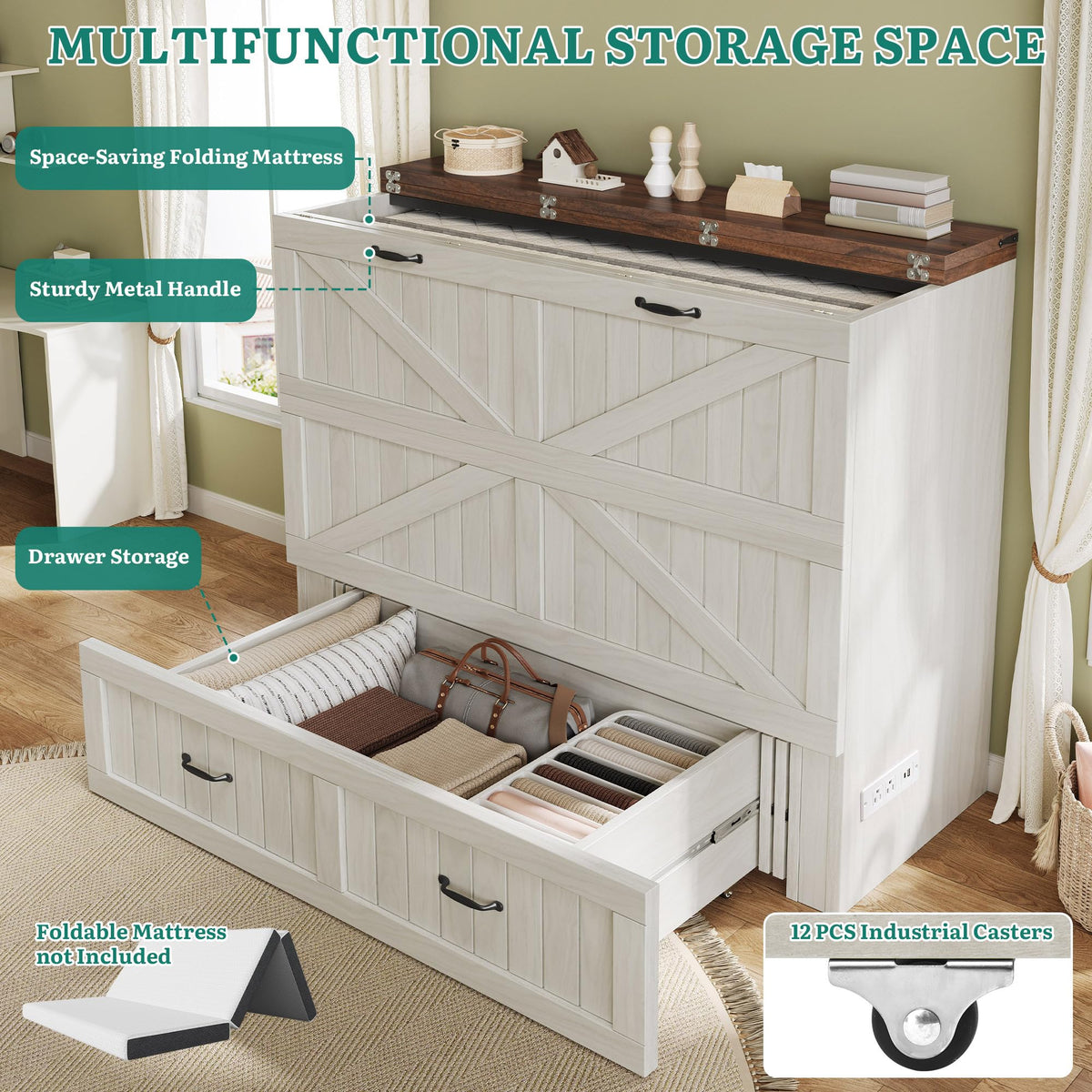 Full Size Murphy Bed with Charging Station & Large Storage Drawer