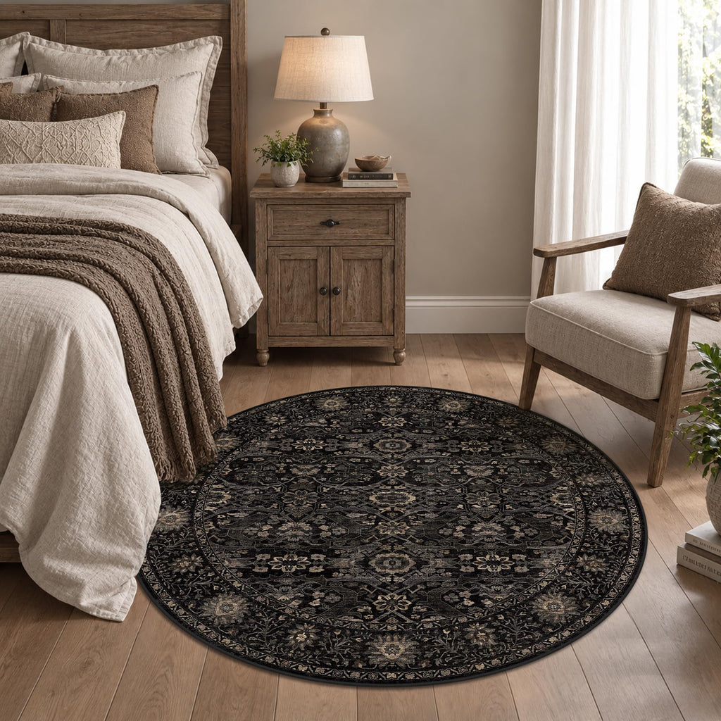 Round Rug 4ft Black Gold Vintage Washable Circle Rug Kitchen