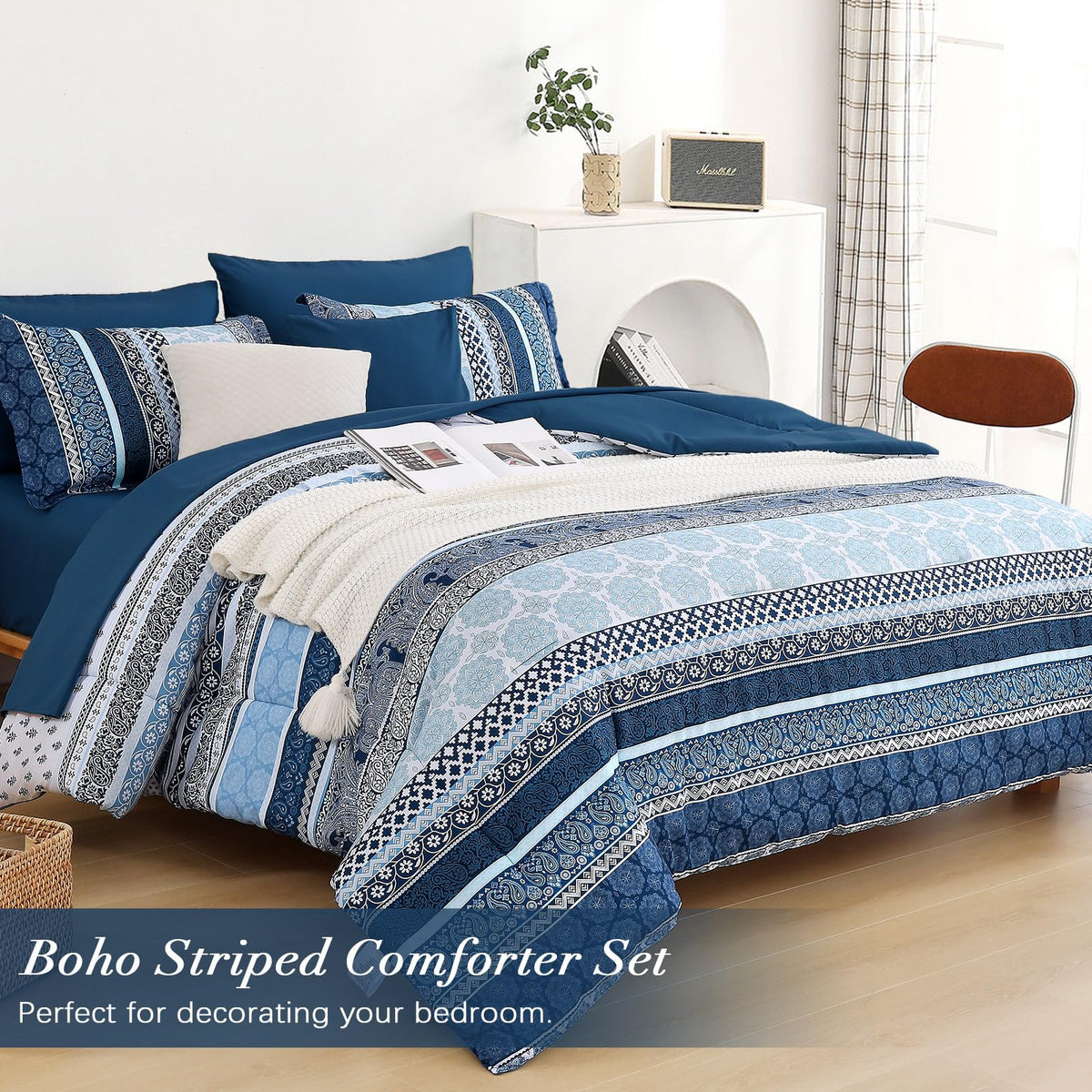 Boho Comforter Set, Navy Blue Striped Bed in a Bag