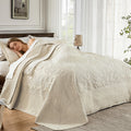 Bedspread 138x122, Quilt with Damask Pattern, Beige Coverlet with Pillowcase