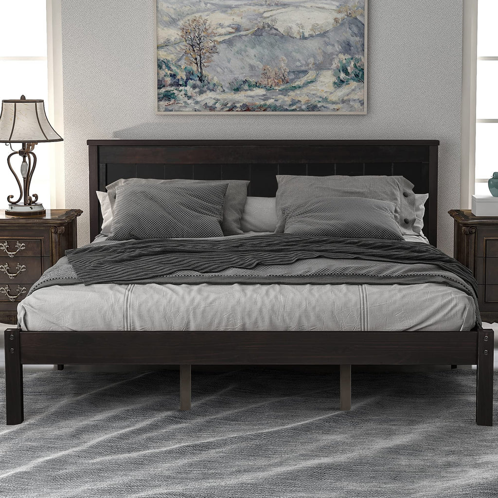 Platform Bed with Headboard, Rustic Wooden Bed Frame with Slat, No Box Spring Needed, Espresso