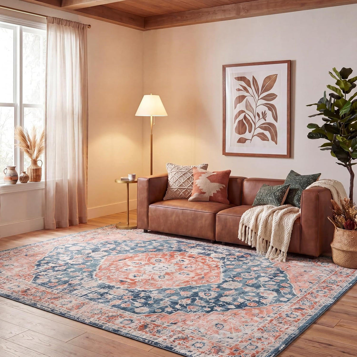 Madison Collection Area Rug, Navy & Rust, Oriental Distressed Medallion Design, Non-Shedding & Easy Care