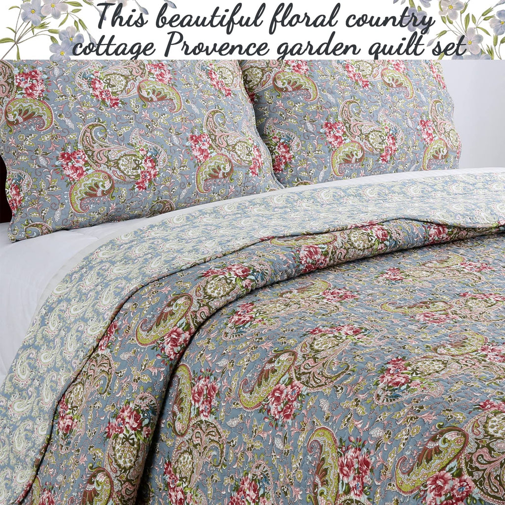 Cottage French Floral Country 100% Cotton Reversible Bedding Quilt Set, Bedspread, Coverlet (Provence Garden, Queen