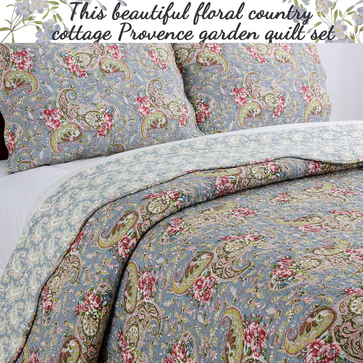 Cottage French Floral Country 100% Cotton Reversible Bedding Quilt Set, Bedspread, Coverlet (Provence Garden, Queen