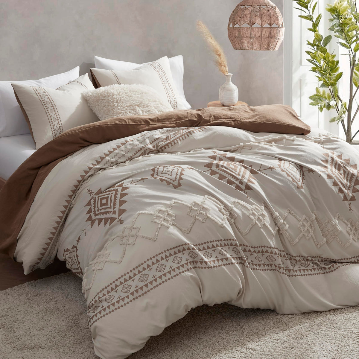 Boho Duvet Cover King Size, Beige & Terracotta, 3 Pieces