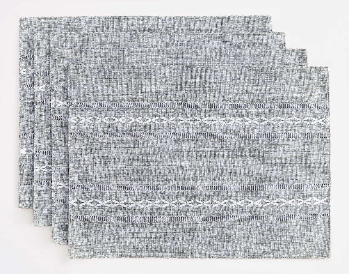 Linen Place Mats, Grey Embroidered Placemats Set of 4