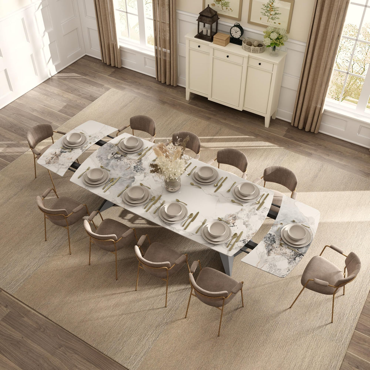 Extendable Dining Table with Leaf, 78"-110" Rectangular Sintered Stone, Marble-Look Top, Seats 6-14, Metal Base