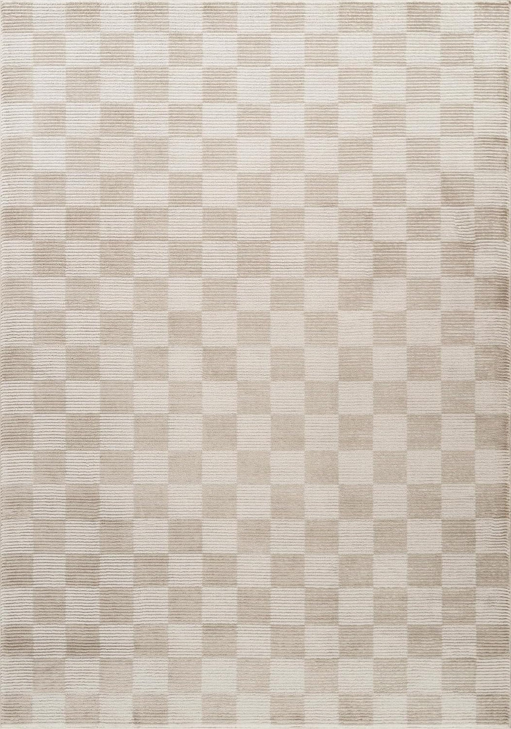 Plush Deco Collection Cream Area Rug - Checkered Pattern, Machine Washable, Non-Shedding, Easy to Clean