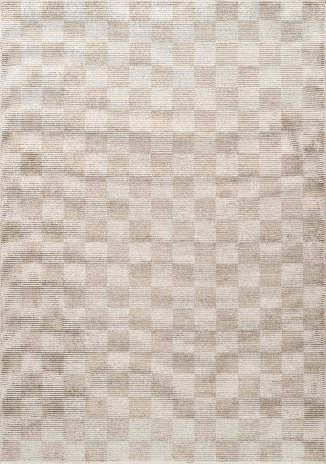 Plush Deco Collection Cream Area Rug - Checkered Pattern, Machine Washable, Non-Shedding, Easy to Clean