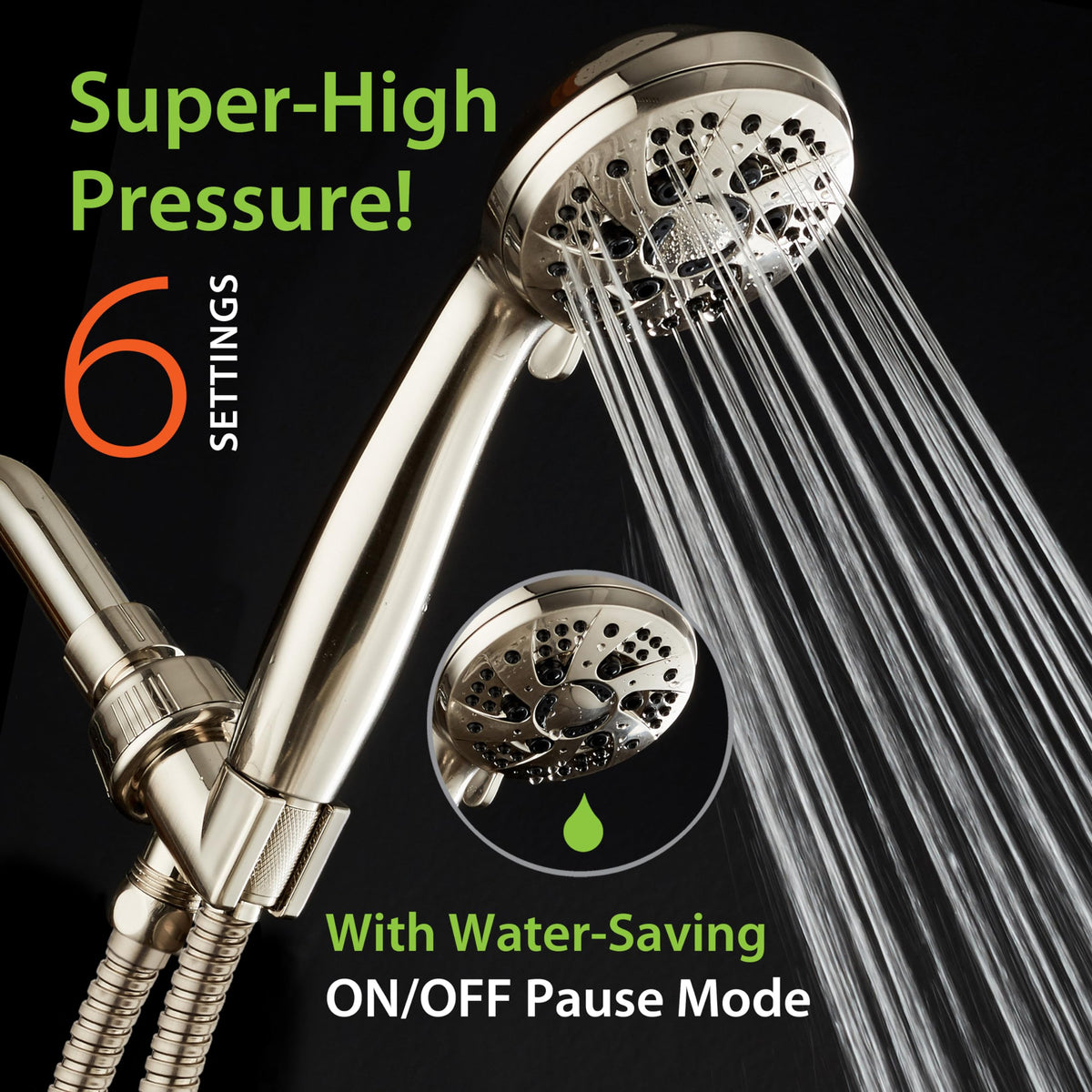 High Pressure 6-Setting Full Brushed Nickel Handheld Shower Head with Stainless Steel Hose. Officially Independently