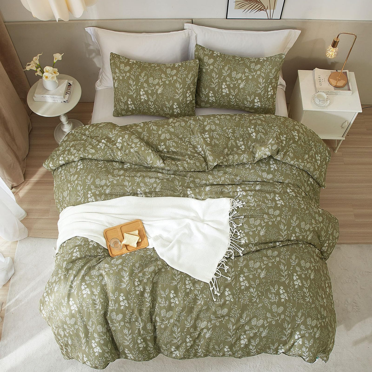 Fresh Garden Green Floral Duvet Cover King Soft Cotton Chic Shabby Small Cute Floral Botanical Bedding Set with 2