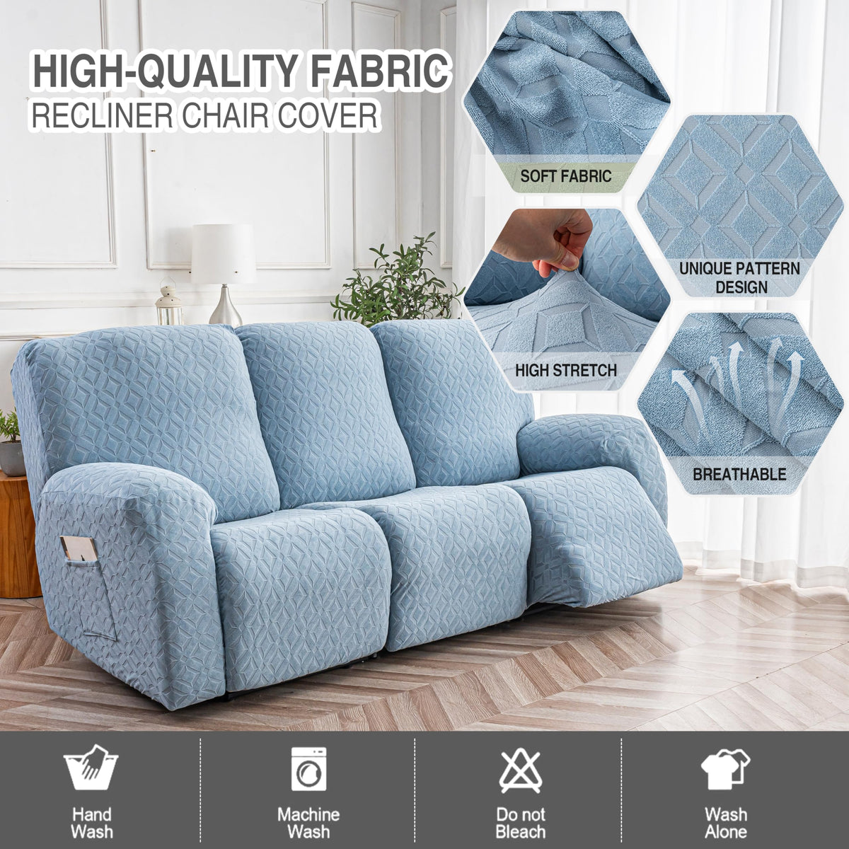 Gennia Waterproof Recliner Sofa Cover, 3 Seat Couch Cover, Light Blue