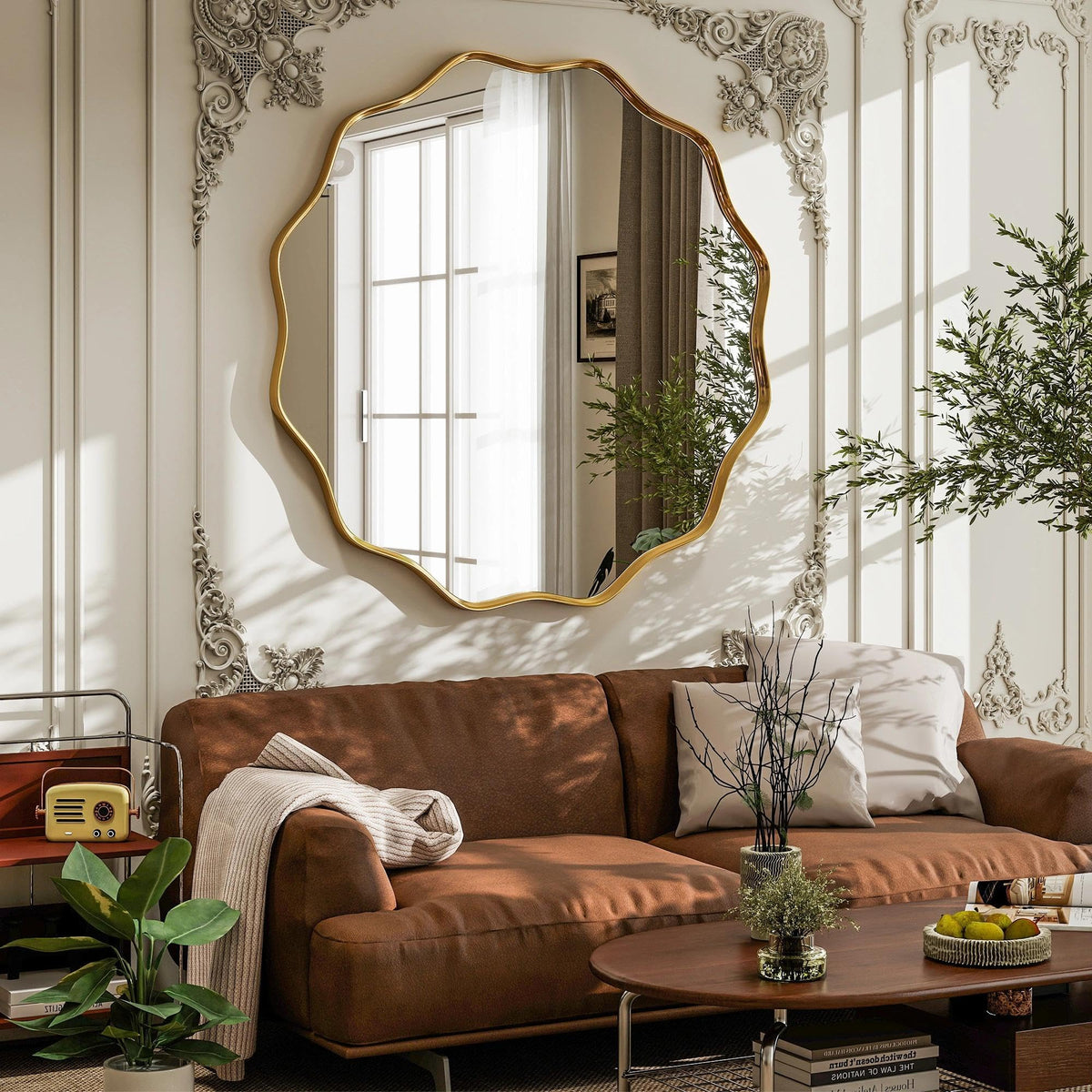 Gold Scalloped Circle Mirror, 36" Wavy Edge Round Wall Mirror