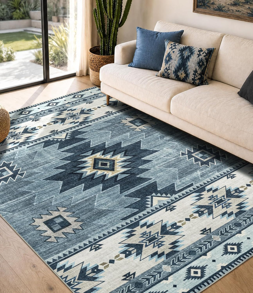 Washable Western Aztec Area Rug, Blue