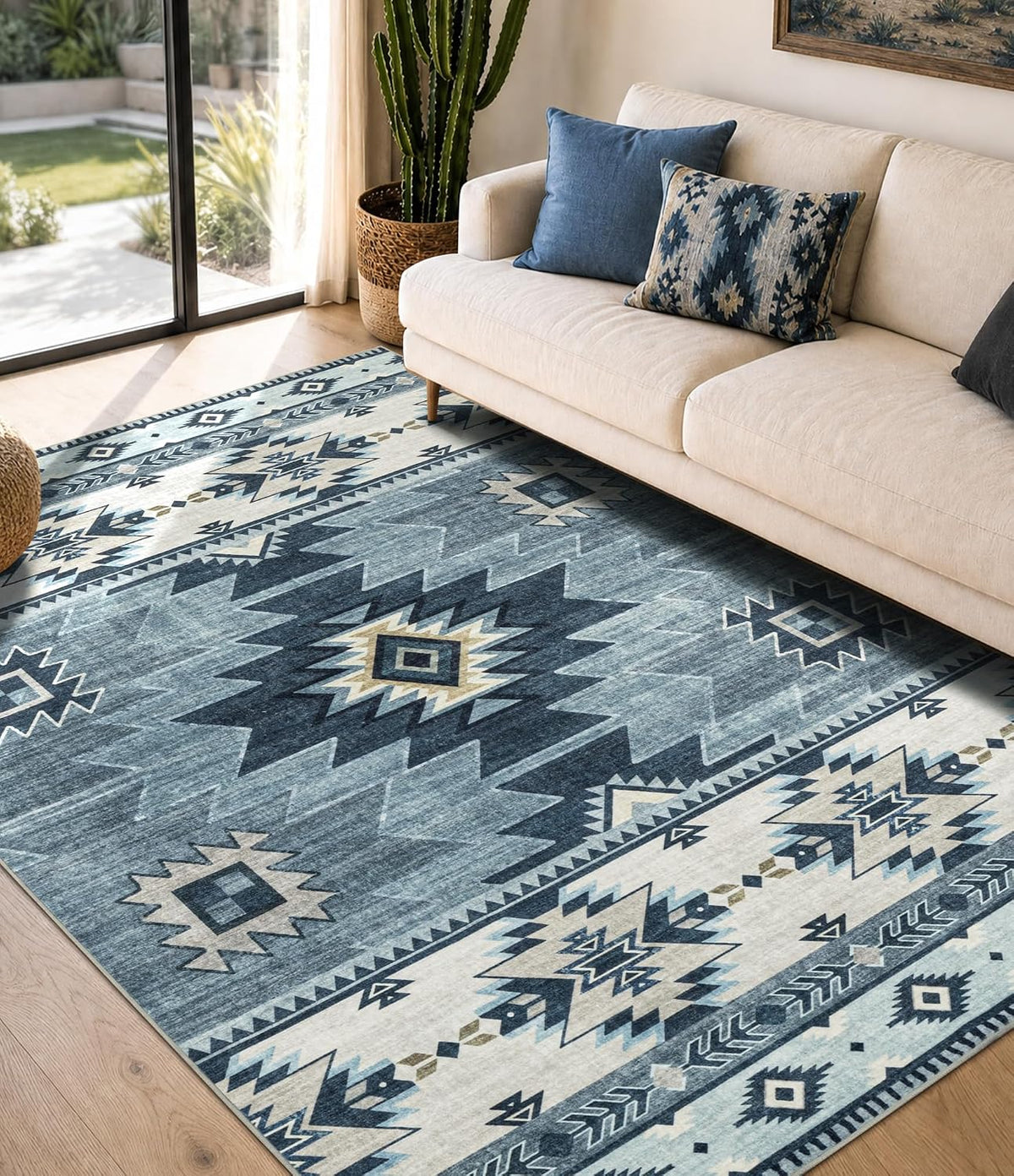 Washable Western Aztec Area Rug, Blue
