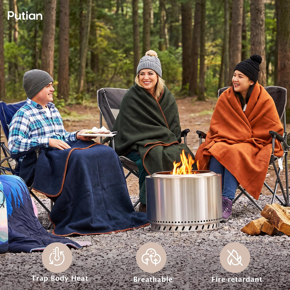 100% Wool Blanket - Camping Outdoor Blanket, 63"×87", Orange
