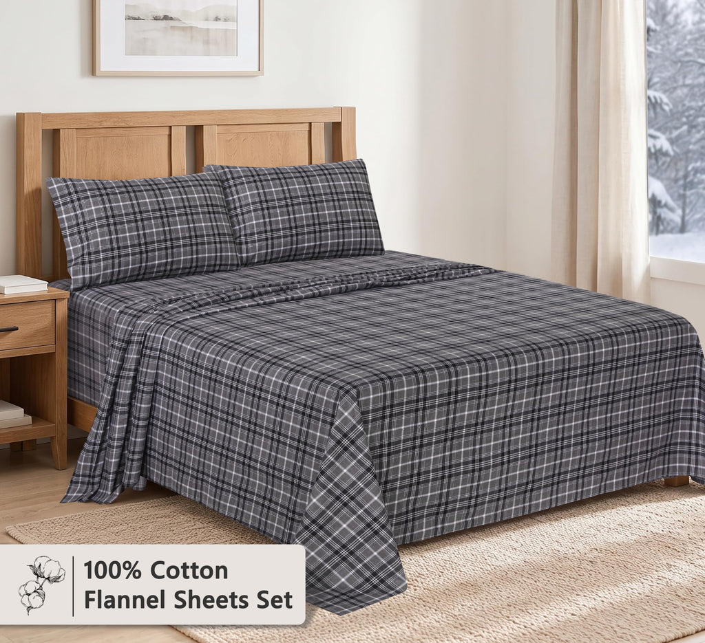 100% Cotton Flannel Sheets 4 Pcs Set, Grey Plaid