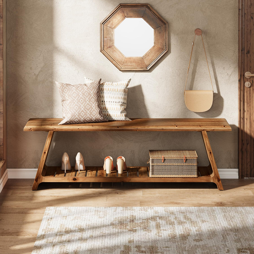 63-Inch Long Solid Wood Entryway Bench, Farmhouse Narrow Shoe Bench Seat, End of Bed with Storage for Entry, Hallway