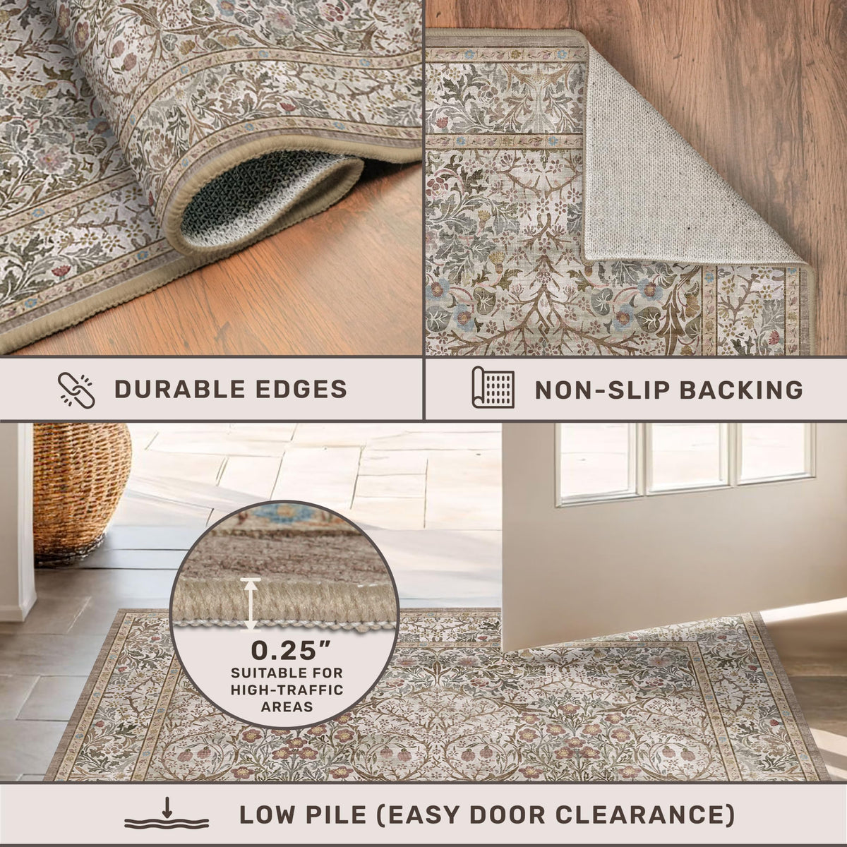 Vintage Moss Green 3x20 Extra Long Runner Rug, Washable Large Kitchen Indoor Floor Rugs, Non-Slip Stain & Fade