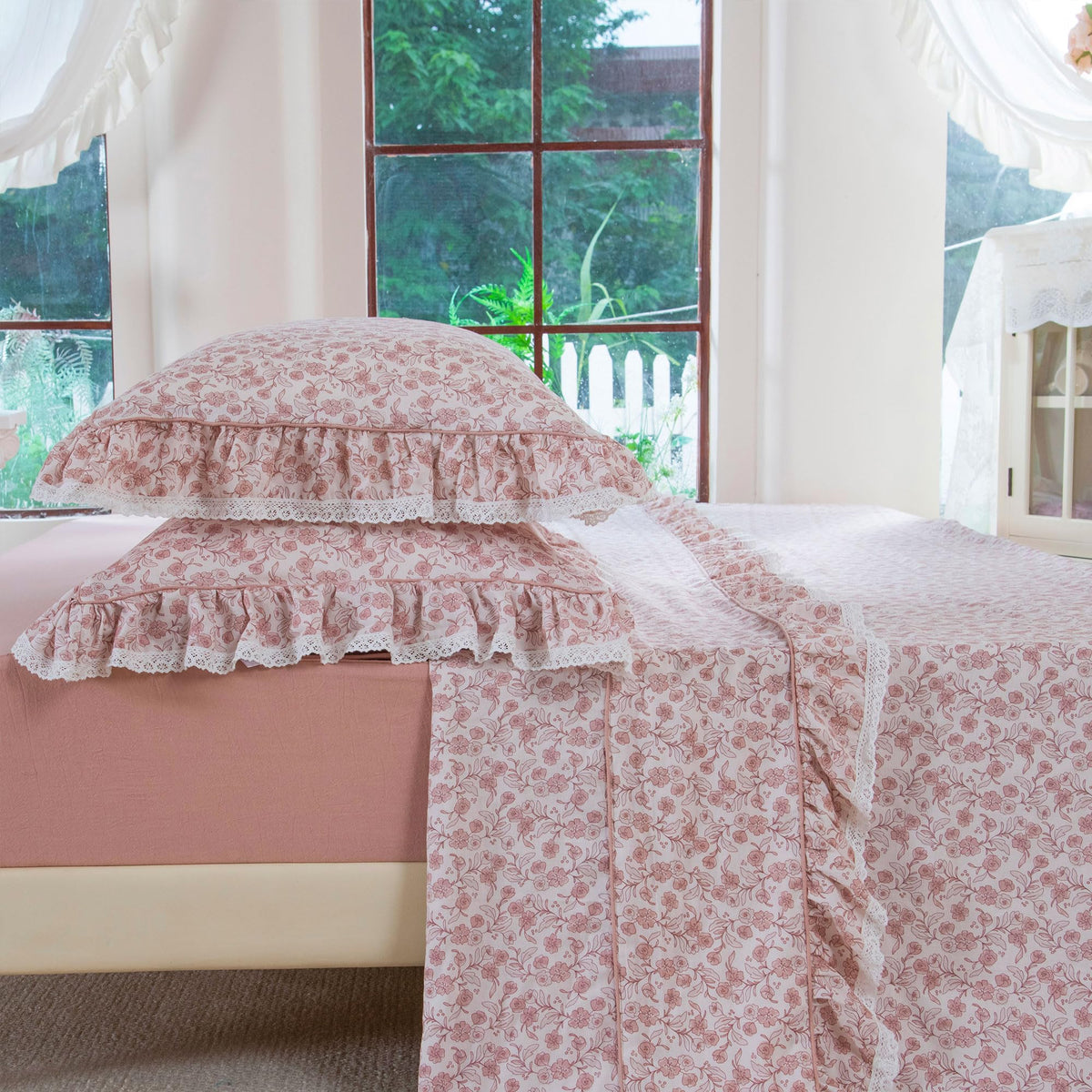 Blush Floral 100% Washed Cotton Sheets Set, 4 Piece Vintage Ruffle Bed Sheets with Lace Trim, Shabby Pink French