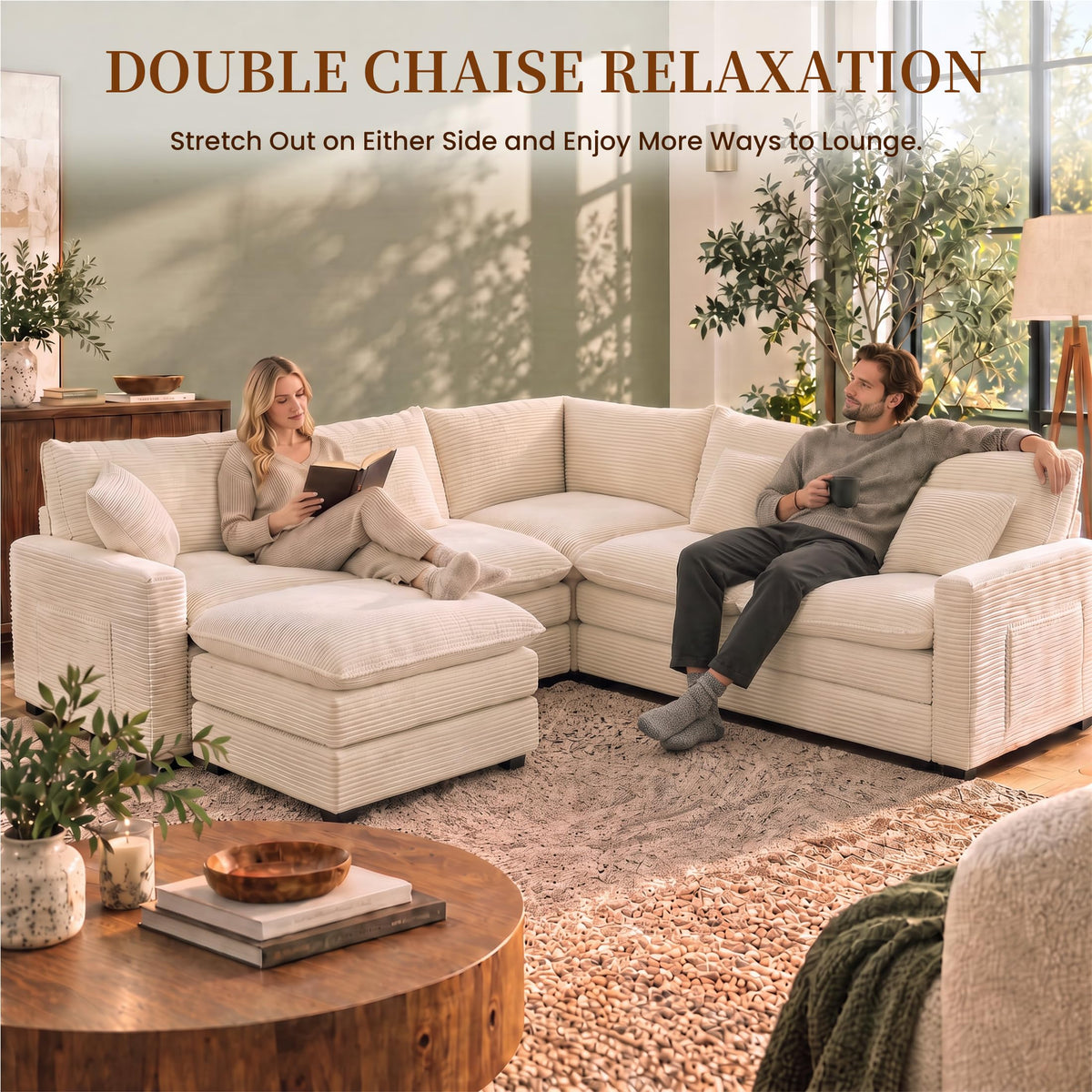 100" Modular Sectional Sofa, L-Shaped Cloud Couch with Ottoman, Beige