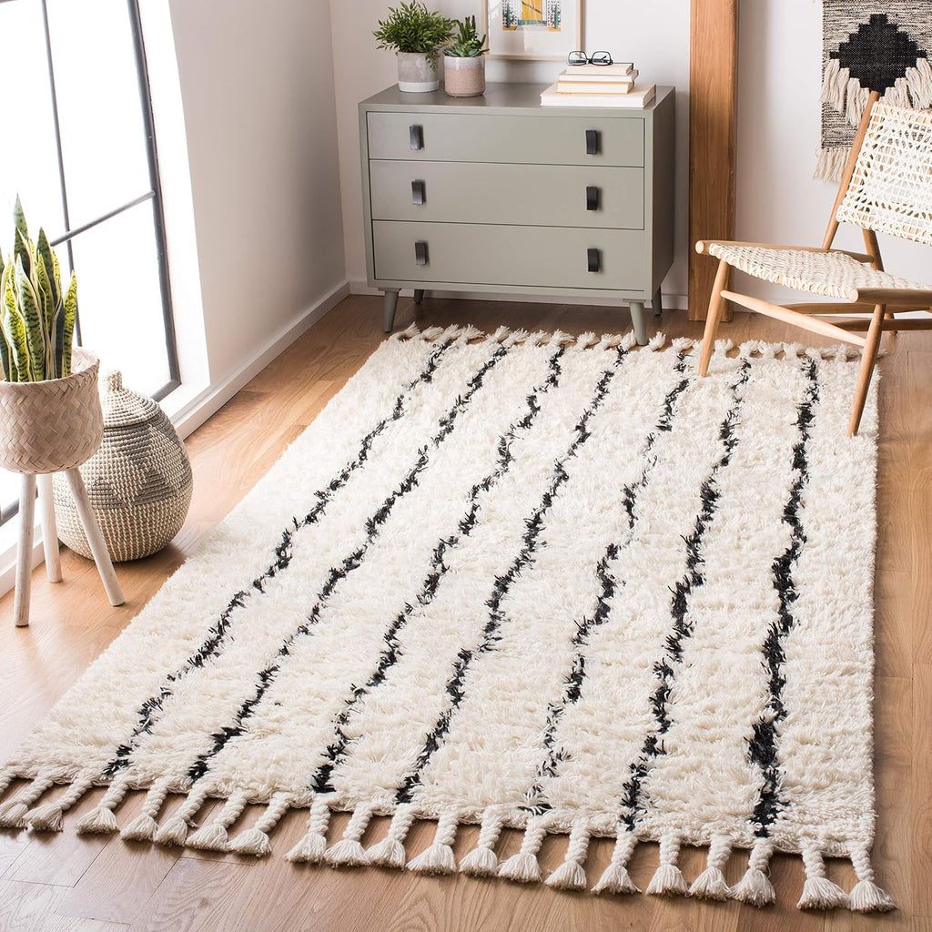 Casablanca Collection Area Rug, Black & Ivory, Handmade Moroccan Boho Tassel Wool, 1.4-inch Thick Ideal for