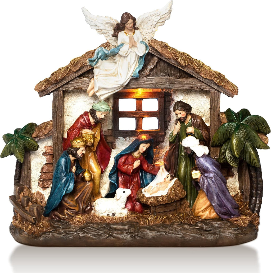 Nativity Sets for Christmas Figurine Decorations Indoor, 12.5 Inch Large Lighted Resin Manger for Nativity Scene