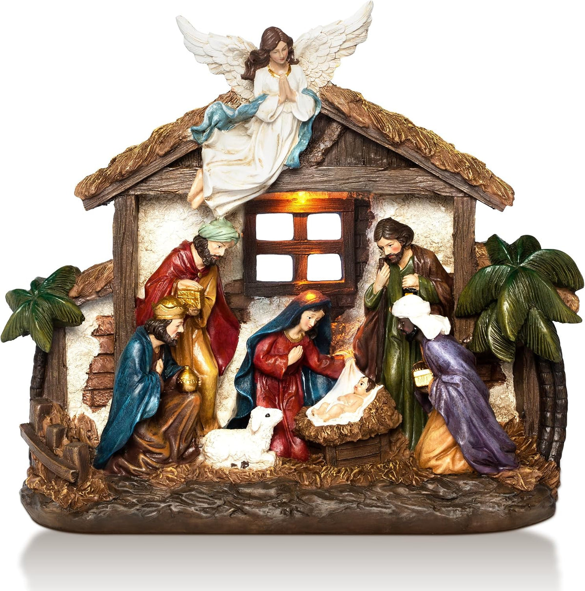 Nativity Sets for Christmas Figurine Decorations Indoor, 12.5 Inch Large Lighted Resin Manger for Nativity Scene