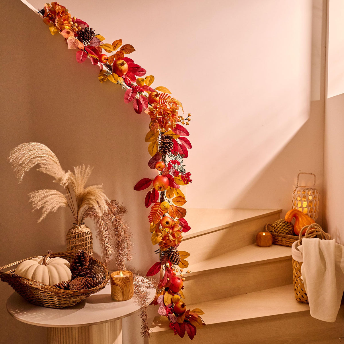 DecorbyHannah 6ft Fall Garland for Mantle with Lights & Leaves Pomegranate